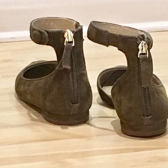 Ann Taylor olive green suede ankle strap flats - Picture 2 of 5